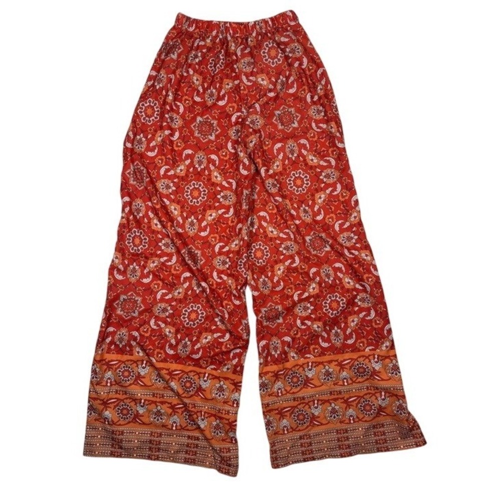 Red Orange Mandala Floral Wide Leg Boho Palazzo Pants Elastic Waist Medium
